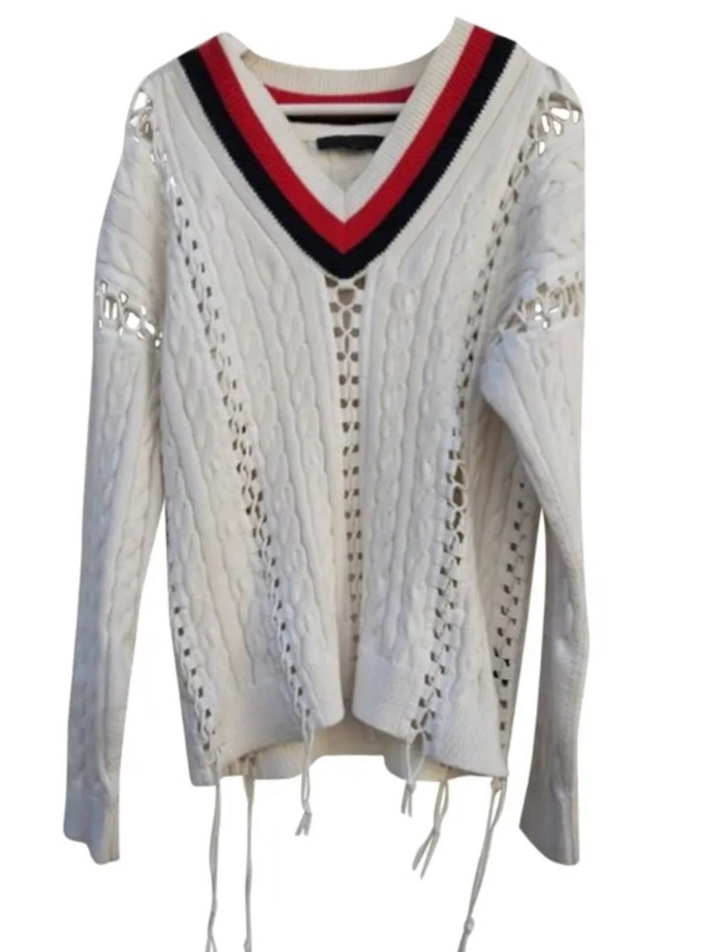 Alexander Wang White Cable Knit V-Neck Sweater with Flightsuit Lacing SzMed Fit